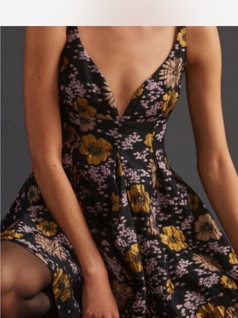 Anthropology Jacquard A-Line Mini Dress in Black Floral and Mustard 6P
